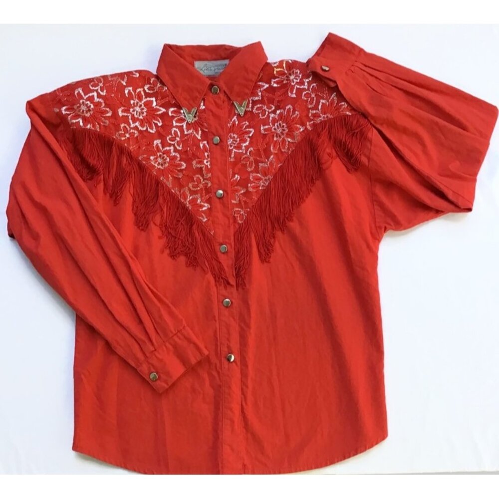 Lilia Smitty Western Fringe Shirt Red Silver Cowgirl Womens L